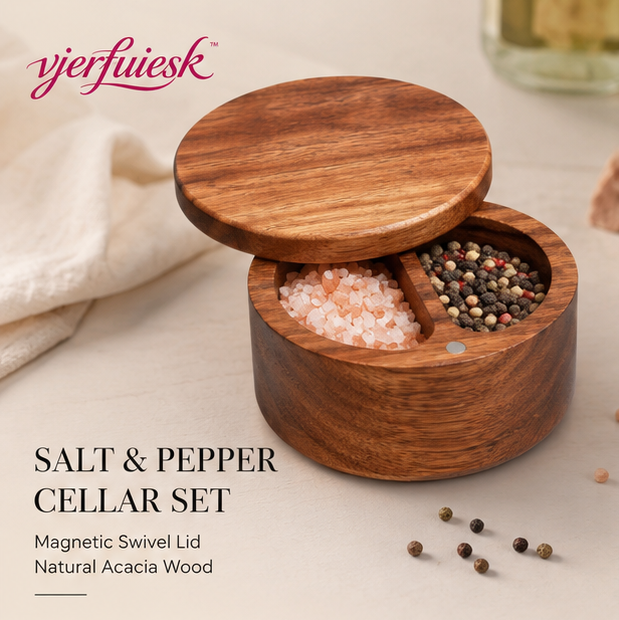 vjerfuiesk™ Acacia Wood Salt & Pepper Cellar Set with Magnetic Swivel Lid | Modern Kitchen Spice Storage Bowl