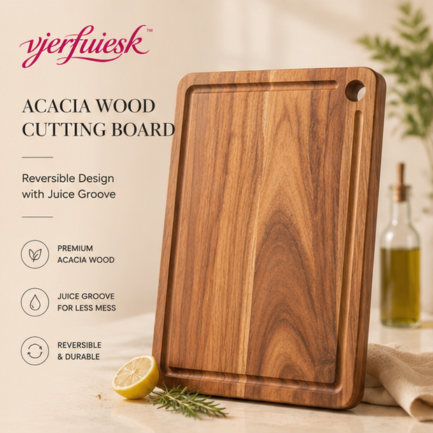 vjerfuiesk™ Acacia Wood Cutting Board with Juice Groove | Reversible Kitchen Chopping Board