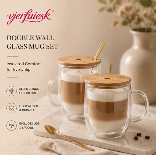 vjerfuiesk™ Double Wall Glass Coffee Mug Set | Insulated Latte Cups with Wooden Lid