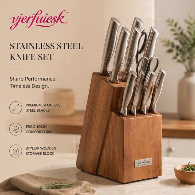 vjerfuiesk™ Minimalist Stainless Steel Knife Set with Wooden Block | Modern Kitchen Essentials