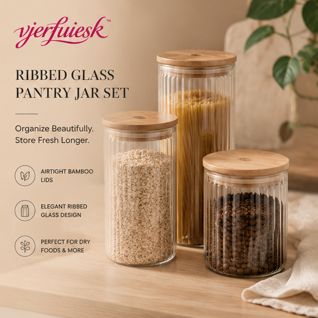 vjerfuiesk™ Ribbed Glass Pantry Jar Set with Bamboo Airtight Lids | Kitchen Organization Containers
