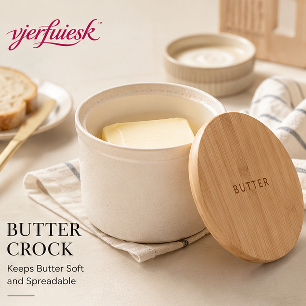 vjerfuiesk™ Ceramic Butter Crock with Bamboo Lid | French Butter Keeper Countertop Storage Container