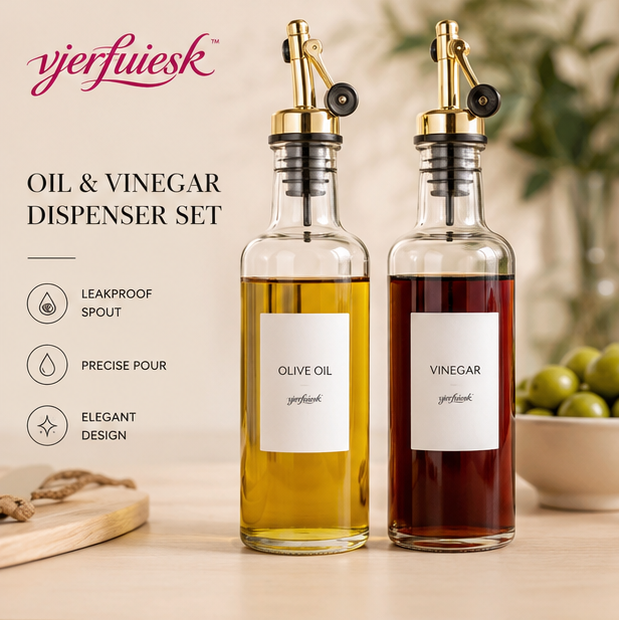 vjerfuiesk™ Glass Olive Oil Dispenser Bottle Set | Leakproof Kitchen Oil & Vinegar Cruet