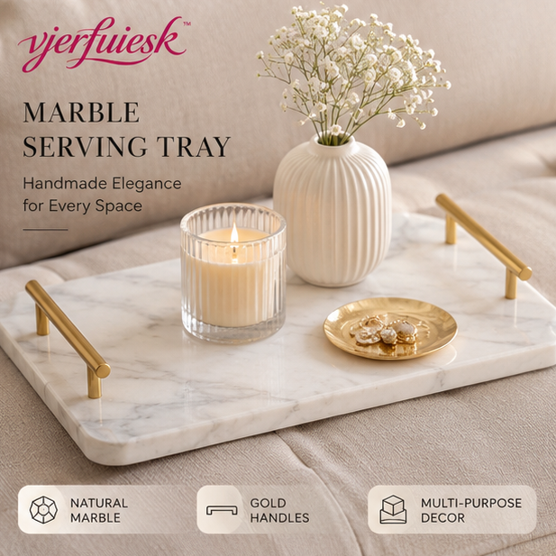 vjerfuiesk™ Handmade Marble Serving Tray with Gold Handles | Decorative Coffee Table Organizer