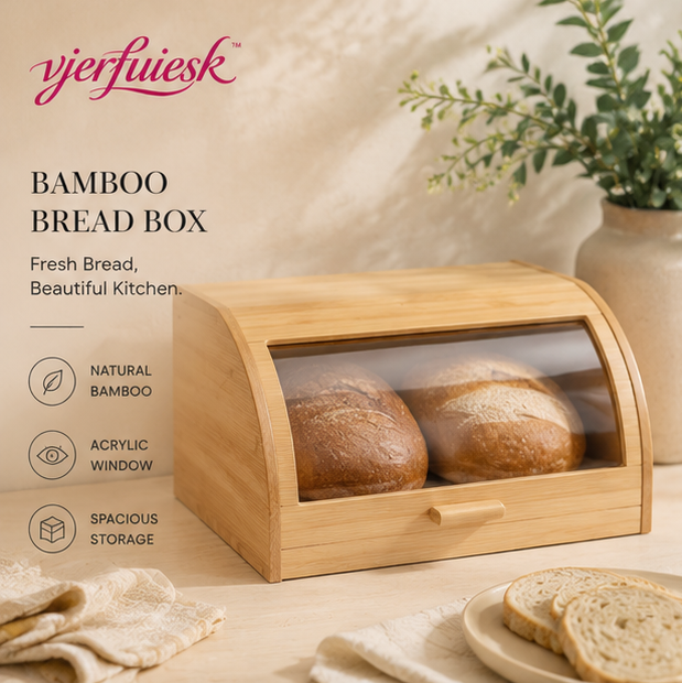 vjerfuiesk™ Modern Bamboo Bread Box with Acrylic Viewing Window | Farmhouse Kitchen Storage Bin
